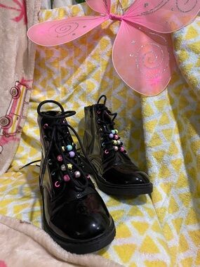 Place Black Patent Lace-Up Boots with Colorful Bead Accents